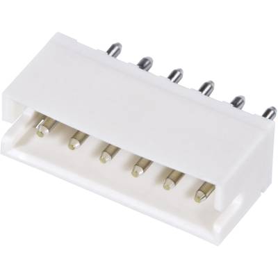 A white, rectangular connector with six metallic pins pointing upwards. Suitable for electrical connections.