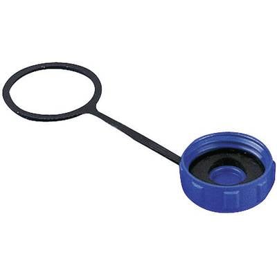 A blue plastic closure holder with an attached ring that facilitates opening and resealing.