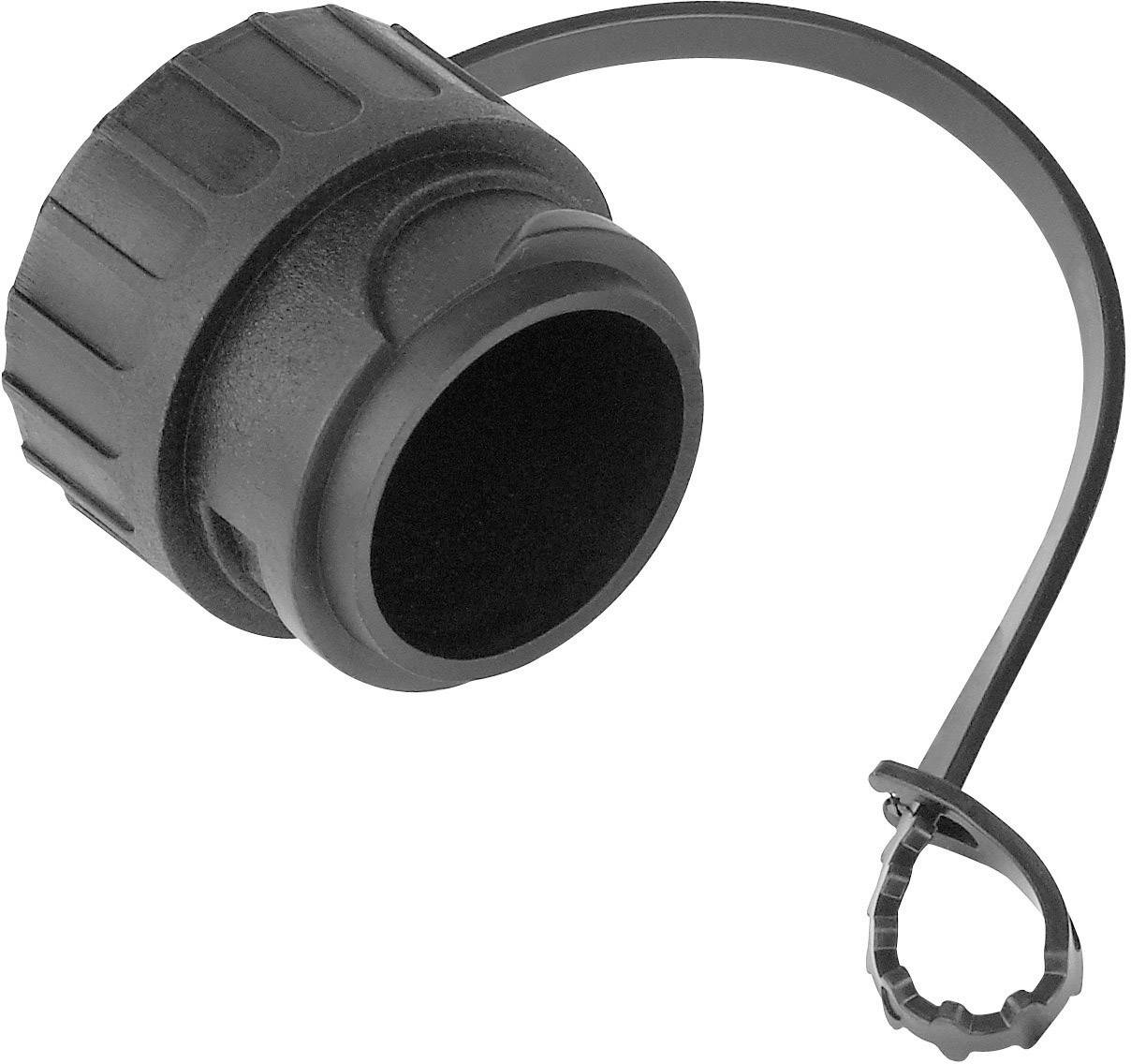Black plastic lid with ribbed surface and flexible band for fastening, removable for boundary lights.