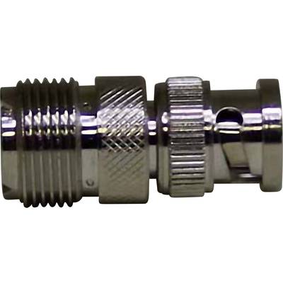 A gleaming metal adapter, presumably for coaxial cable connections, shows a complex thread and connector design for technical applications.