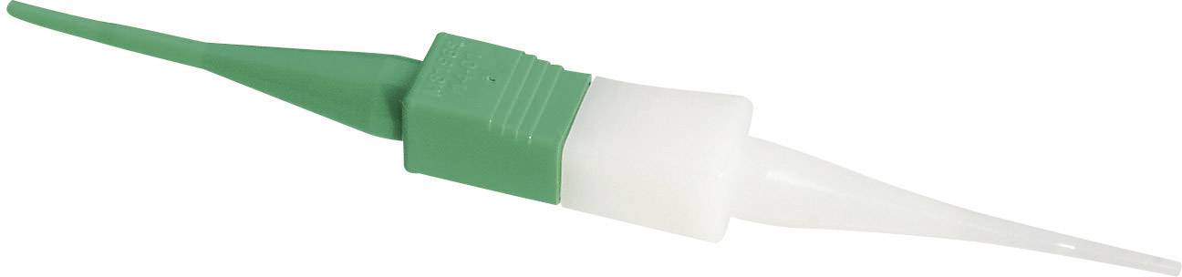 An interdental brush with a green and white handle, designed for cleaning between teeth.