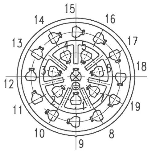Technical drawing of a circular lamp base with numbered socket positions. Illustrates the arrangement of light bulbs.