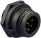 A round, black plug connector with multiple contact pins, viewed from the side.