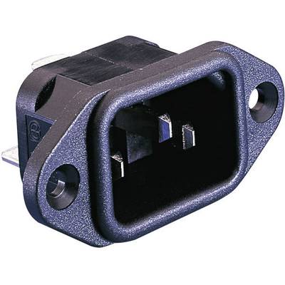 A black electrical connector with a rectangular shape and two mounting holes, suitable for power connections.