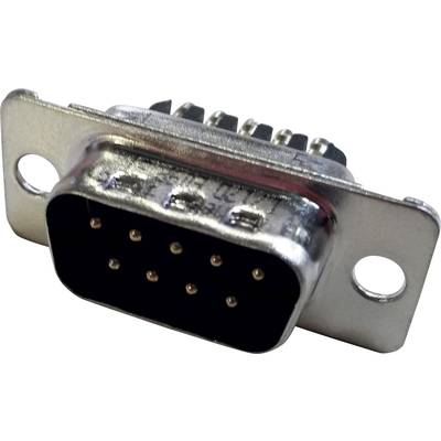 Close-up of a male D-sub connector with 9 pins, commonly used for serial connections in computers and electronic devices.