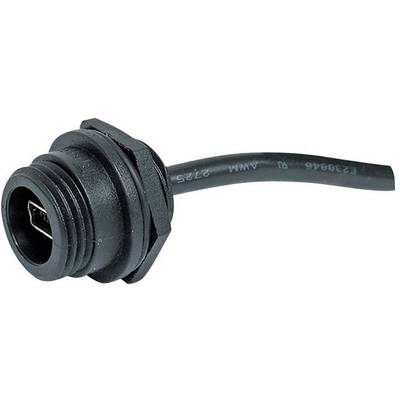 Black mini-USB port with cable, suitable for connecting devices for data transfer.