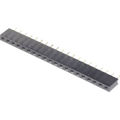 Black, rectangular pin header connector with multiple gold-plated pins, used for electrical connections in devices.