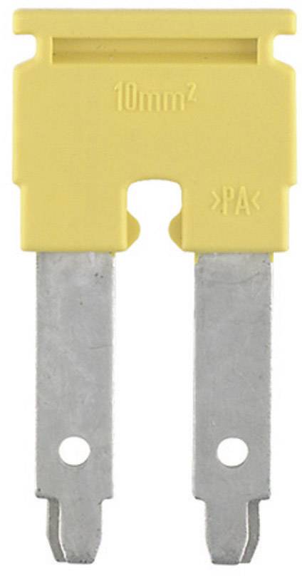 Yellow flat fuse with '10mm²' printed on top. It has two silver metal pins for electrical connections.