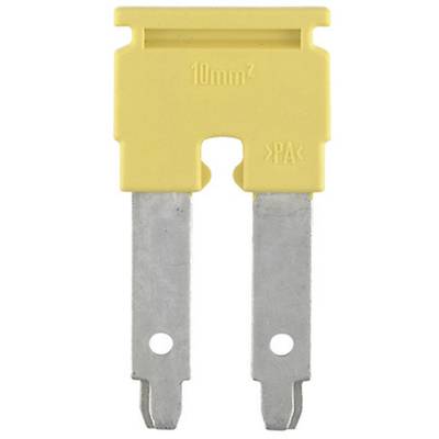 Yellow flat fuse with '10mm²' printed on top. It has two silver metal pins for electrical connections.