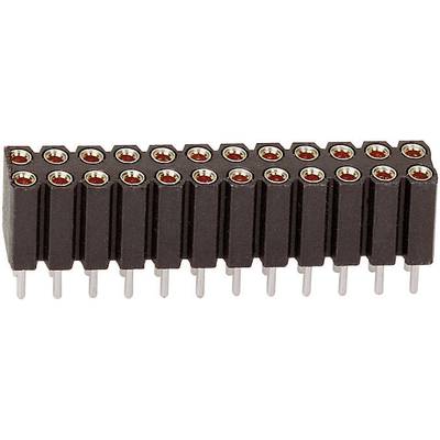 A black female pin header connector with two rows and seven pins, for mounting on a printed circuit board.