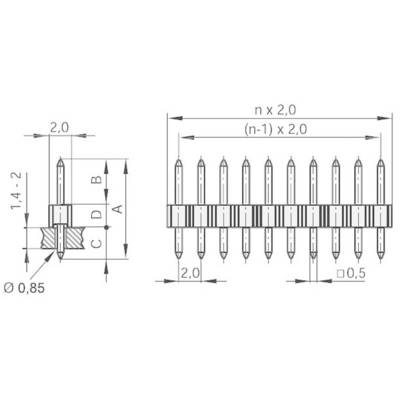 Technical drawing of an electrical pin header: shows pin dimensions and spacing. Crucial for assembly and electrical connection.