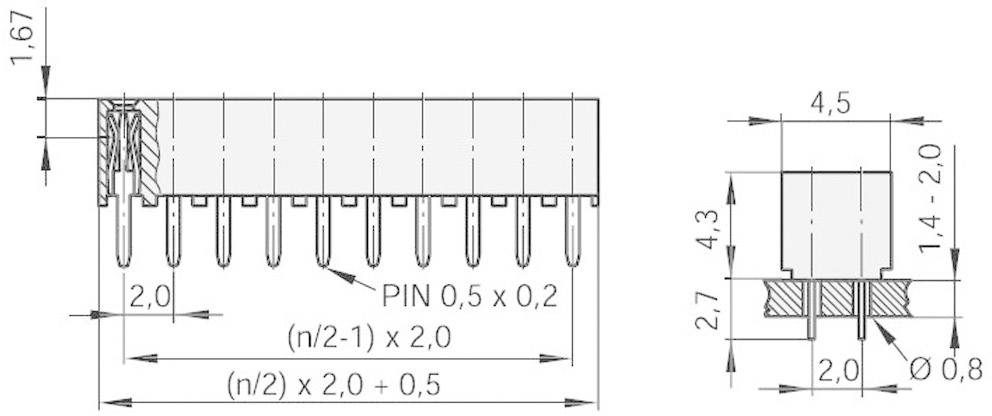 Technical drawing of an electrical connector with dimensions in millimetres; shows height, width, and pin spacing.