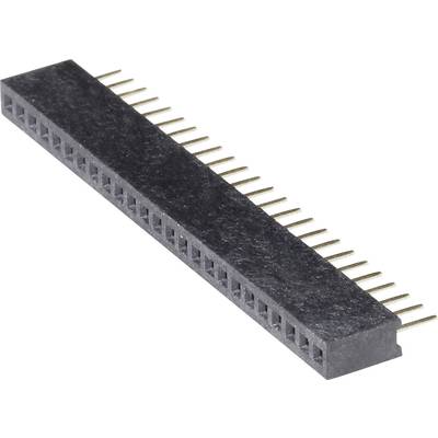A black, rectangular connector with numerous gold-coloured pins.