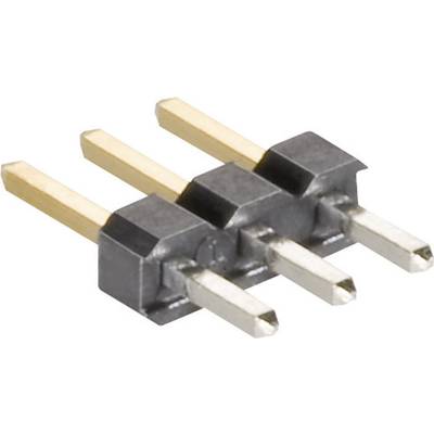 A three-pin plug connector with metal pins and a plastic housing. Commonly used in electronic circuits for connection.