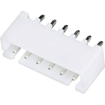 A white electrical plug connector with six metal pins protruding from a rectangular plastic housing.