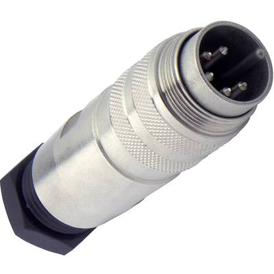 A silver, cylindrical plug with multiple pins, commonly used in audio technology.