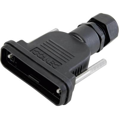 Black and grey electronic connector with a rectangular port and two silver screws, suitable for industrial machinery.