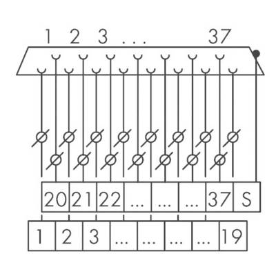 Diagram shows a switchboard with numbered contacts from 1 to 37 at the top and bottom. Initiator and switchover at contact 37.