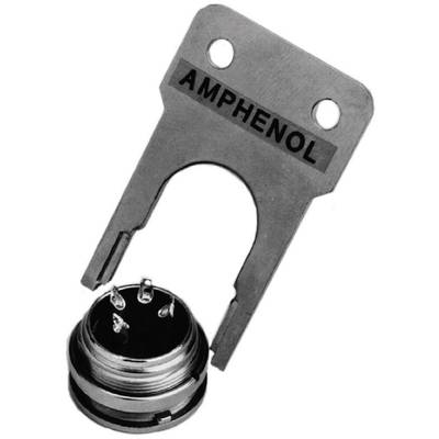 Amphenol connector removal tool with a metal fork and a round plug in the foreground.