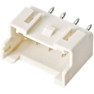 A white plug connector with four metal pins on the back, potentially suitable for connecting electronic components.