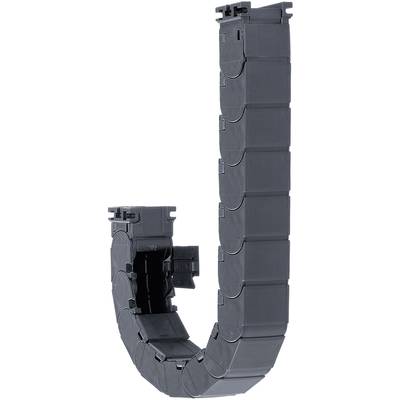 Black energy guiding chain in U-shape, flexible for cable management, with rectangular links for industrial applications.