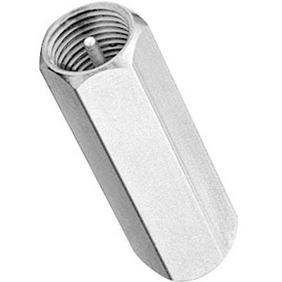 A silver-coloured, hexagonal metal piece, a one-sided screw attachment, possibly an antenna adaptor.