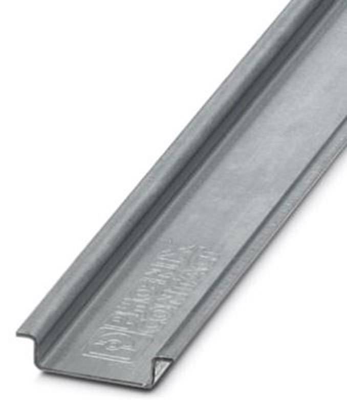 Metal rail with embossed text 'PHOENIX CONTACT' on the surface, photographed at an angle, showing brand and material type.