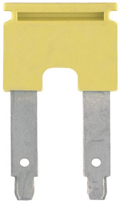 Yellow flat fuse with two metallic connection tabs, typical for use in vehicles to protect against overcurrent.