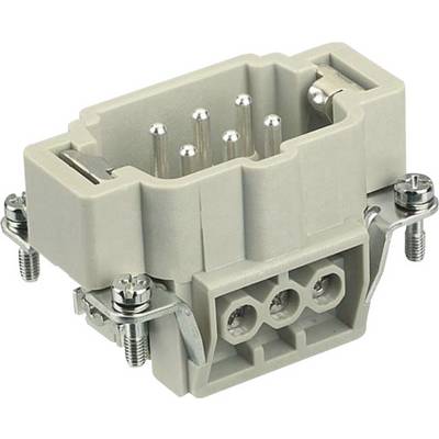 A rectangular electrical plug made of grey plastic with multiple metal pins and two side screw mountings.