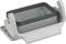 A rectangular, grey electrical connector with metal clips. Suitable for industrial applications.