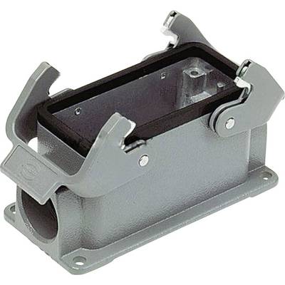 Grey metal enclosure with an open lid, two toggle latches for locking. Used for electrical or industrial connections.