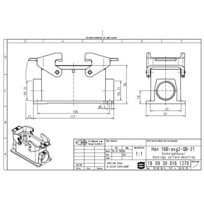 Technical drawing of a base housing with dimensions and three-dimensional view. Manufacturer: HARTING KGaA, Scale 1:1.
