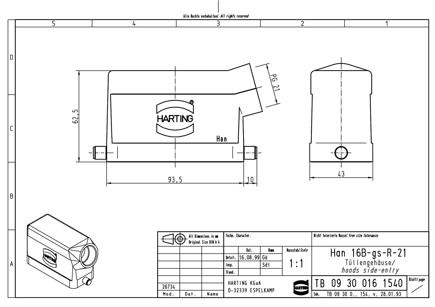 'Technical drawing of an electrical plug by HARTING, model Han 16B-gs-R-21, with dimensions in millimetres.'