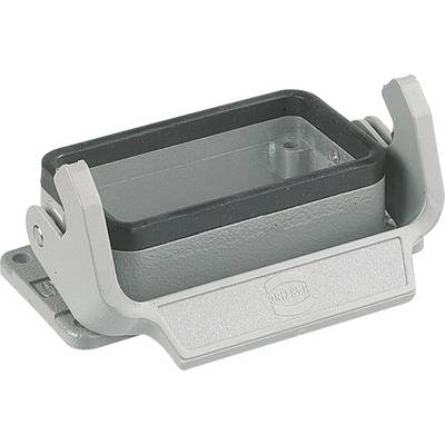 Grey rectangular metal frame with two side levers, used as a connector housing for industrial applications.