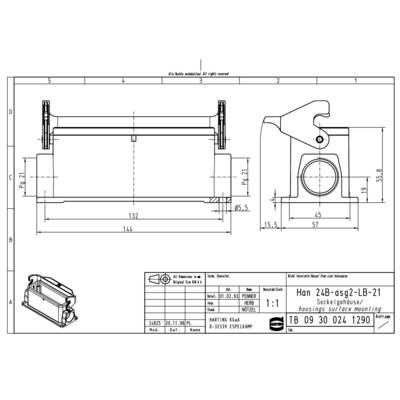 Technical drawing of an electrical plug with detailed dimensions and labels. Top: Side view, Bottom: Top view.
