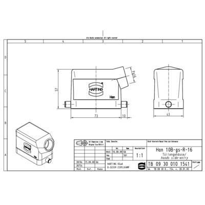Technical drawing of a HARTING connector, Model Han 10B-gs-R-16. Shows front, side, and top views with dimensioning.