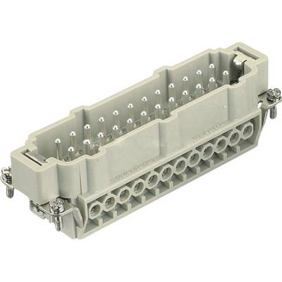 Multipin connector with metal pins in a grey plastic housing, featuring side-mounted screws for securing.