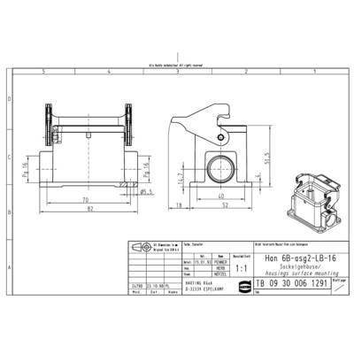 Technical drawing of a base housing construction 'Han 6B-asg2-LB-16', with front, side, and top views including dimensions.