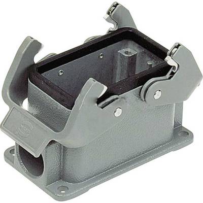A rectangular, grey metal enclosure with open mounting brackets on the sides, used for protecting and connecting electrical components.