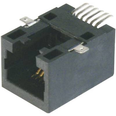 Black RJ45 Ethernet socket with eight metal pins for connecting network devices.