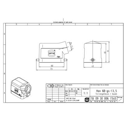Technical drawing of a connector with dimensions and mounting details. Shows front and side view of the product.