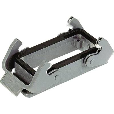 Metal mounting bracket with rectangular opening and side clamps; used for securing devices or modules.