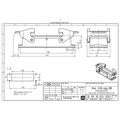 Technical drawing of a mounting housing Han 24B-099-OB with dimensions, mounting cut-out and detailed views. Main view is located top right.