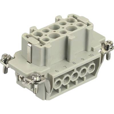 Connector: Grey electrical connector with ten numbered terminals and two fixing screws.