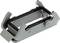 Metallic connection insert with lateral clamps, designed for fixing or mounting technical components.