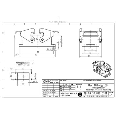 Technical drawing of a suspended mounting kit with dimensions in millimetres. Main view at the top, side view on the right, perspective view bottom right.