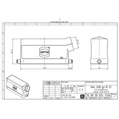 'Technical drawing of a HARTING Han 2LB-gs-R-21 sleeve housing, showing various views and dimensions of the housing.'