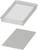 A transparent, rectangular plastic casing and its accompanying flat, grey cover lie side by side.