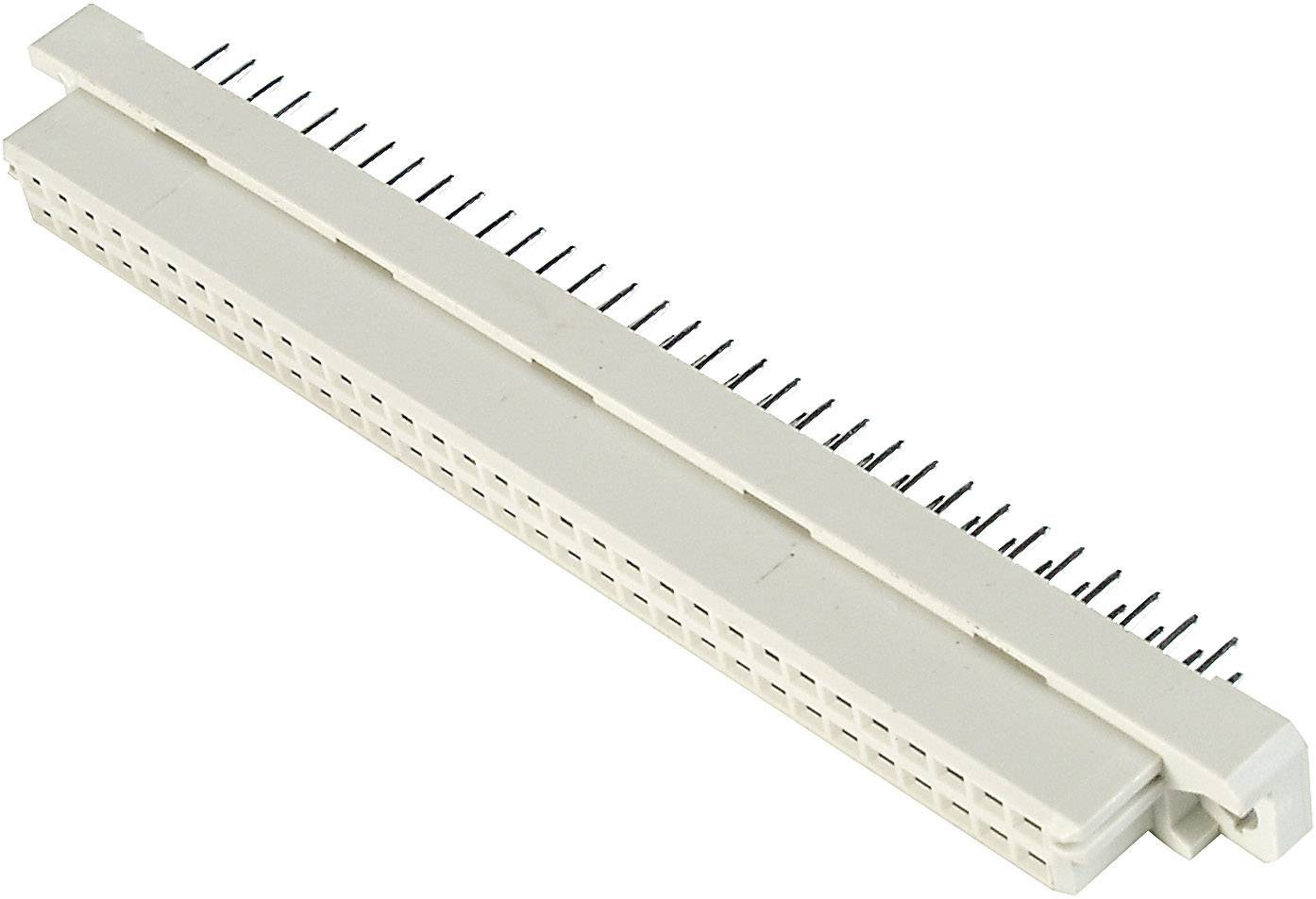 White electrical connector with numerous small metal pins running parallel and perpendicular to its length.