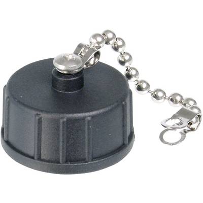 A black plastic threaded lid attached to a metallic ball chain with a holder at the top.